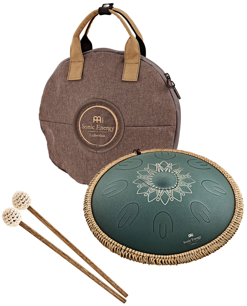 MEINL OSTD4DGE Sonic Energy 16 Octave Steel Tongue Drum, Fis Moll, 9 Töne, 432 Hz, Dunkelgrün, Graviertes florales Design